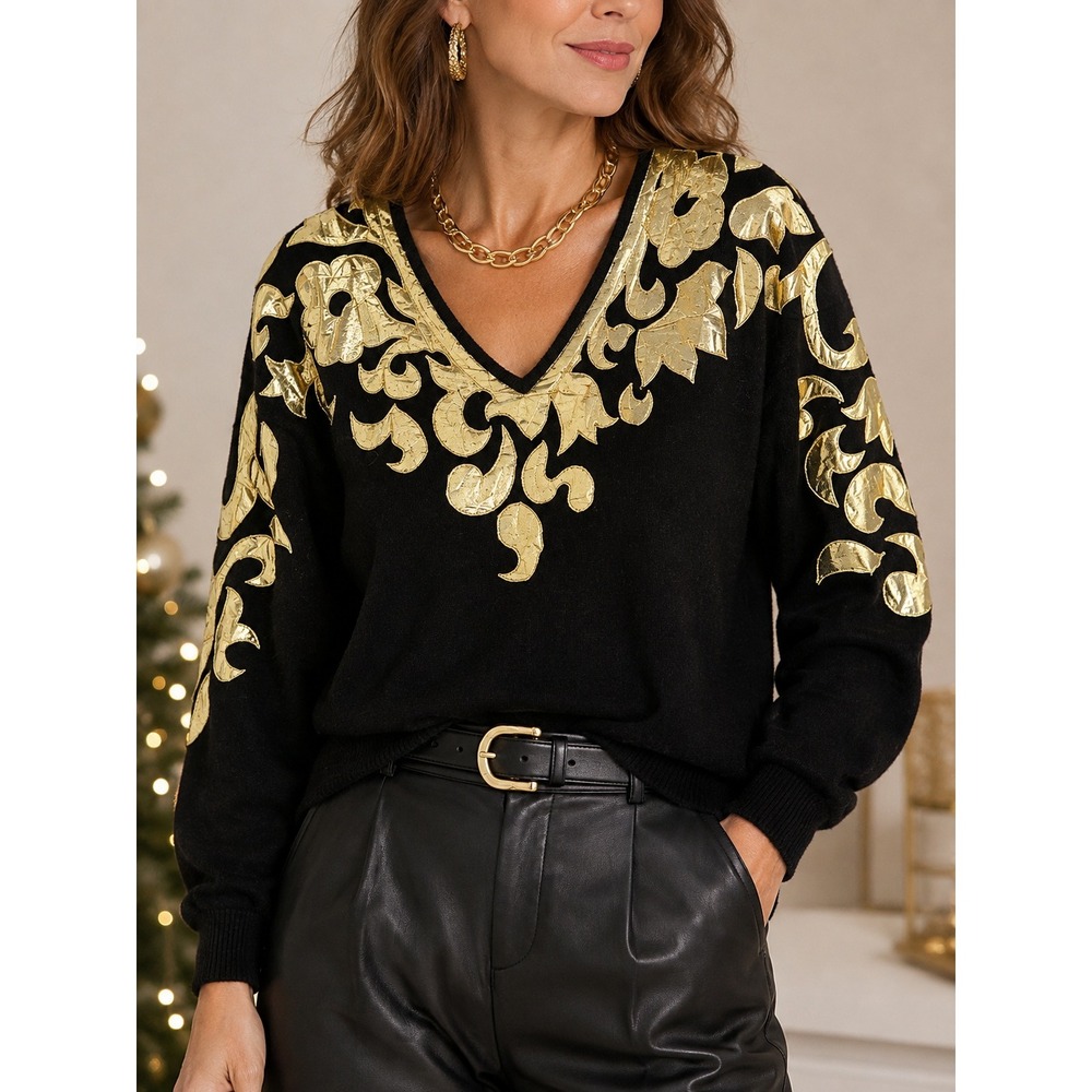 80s Glam Novelty Whimsigoth Gold Applique Sweater 2X Angora Wool Black